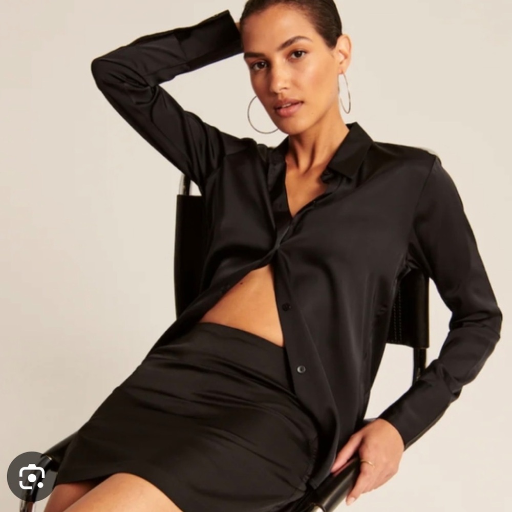 A&F Black Satin Button Down Blouse - Picture 3 of 11